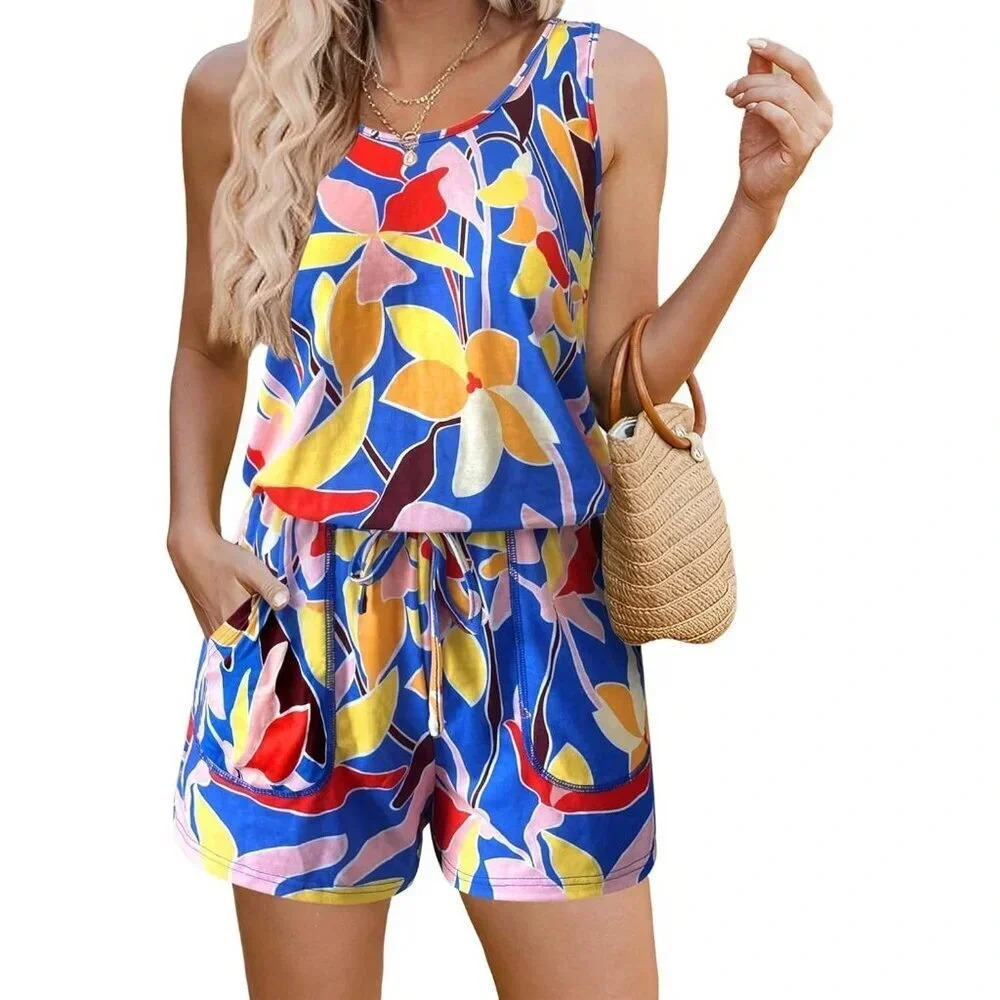 Women's Summer Solid Jumpsuit Loose Sleeveless Short Jumpsuit Rompers with Pocke